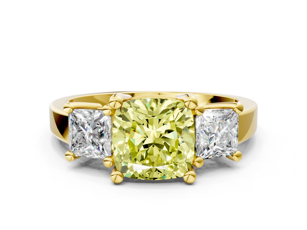 Yellow gold Three-Stone Fancy Yellow Cushion  Cut Solitaire Ring with Prong Setting