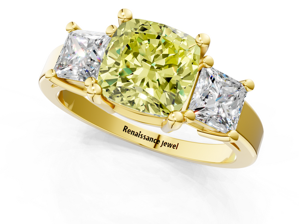 Yellow gold Three-Stone Fancy Yellow Cushion  Cut Solitaire Ring with Prong Setting