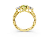 Yellow gold Three-Stone Fancy Yellow Cushion  Diamond Milgrain Pave Band with Prong Setting 3