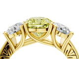 Yellow gold Three-Stone Fancy Yellow Cushion  Diamond Milgrain Pave Band with Prong Setting 4