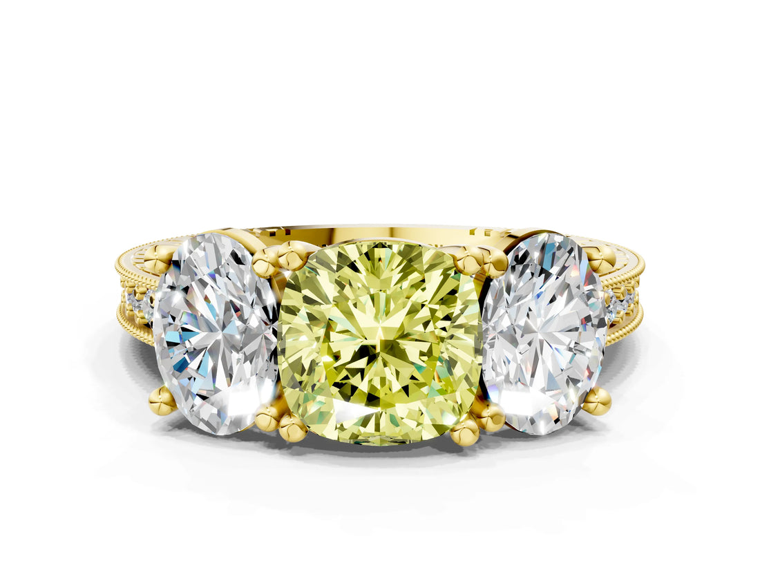 Yellow gold Three-Stone Fancy Yellow Cushion  Diamond Milgrain Pave Band with Prong Setting