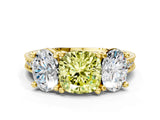 Yellow gold Three-Stone Fancy Yellow Cushion  Diamond Milgrain Pave Band with Prong Setting