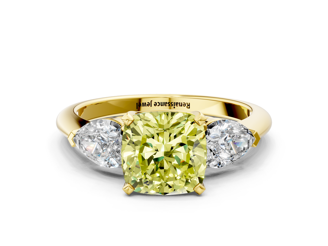 Yellow gold Three-Stone Fancy Yellow Cushion  Diamond Ring with Pear Side Stones in Four-Prong Setting_62