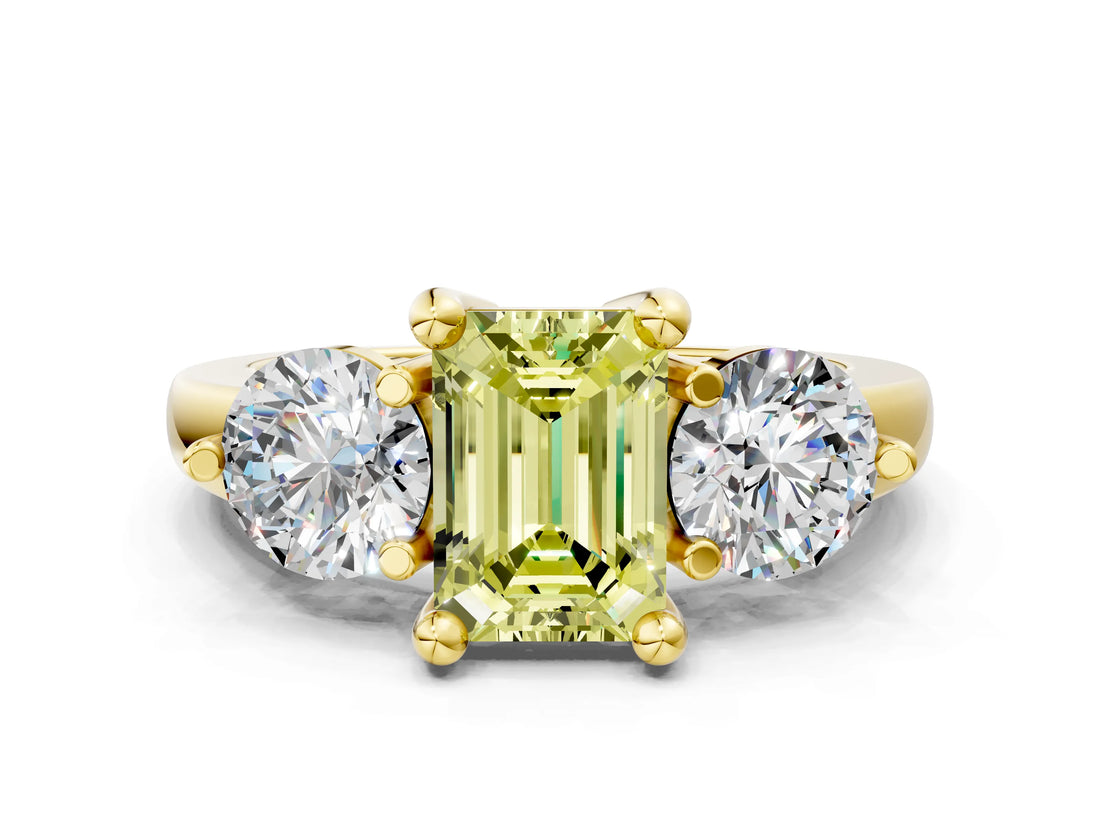 Yellow gold Three-Stone Fancy Yellow Emerald  Brilliant Cut Solitaire Ring with Prong Setting on a Classic Band 1