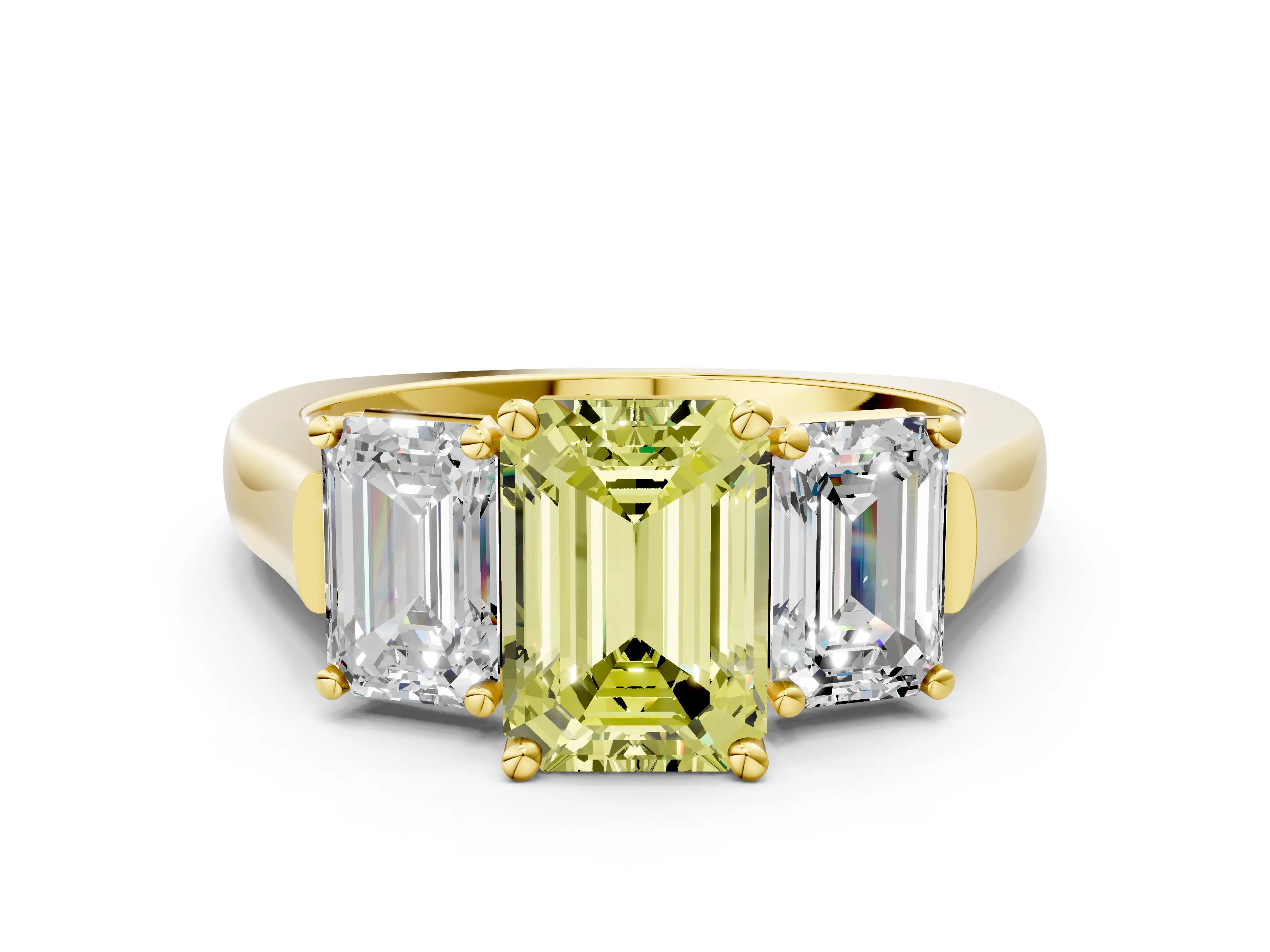Yellow gold Three-Stone Fancy Yellow Emerald Cut Brilliant Diamond Trellis Ring with Comfort Fit Band