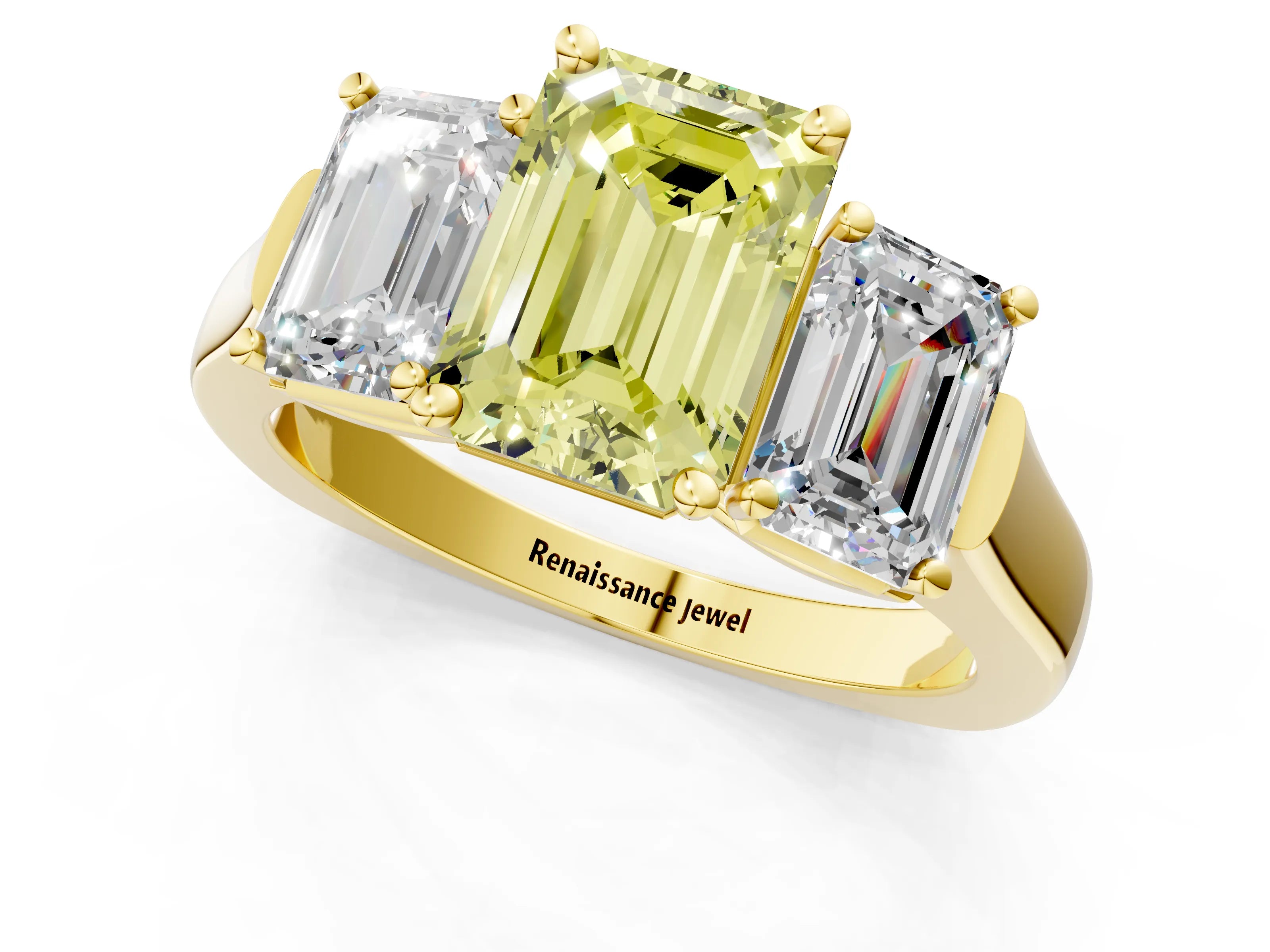 Yellow gold Three-Stone Fancy Yellow Emerald Cut Brilliant Diamond Trellis Ring with Comfort Fit Band_1