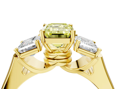 Yellow gold Three-Stone Fancy Yellow Emerald Cut Brilliant Diamond Trellis Ring with Comfort Fit Band_4