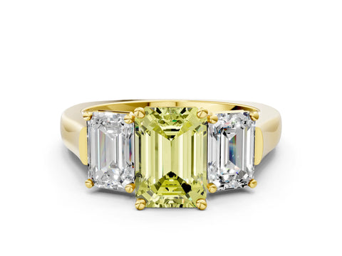 Yellow gold Three-Stone Fancy Yellow Emerald Cut Brilliant Diamond Trellis Ring with Comfort Fit Band