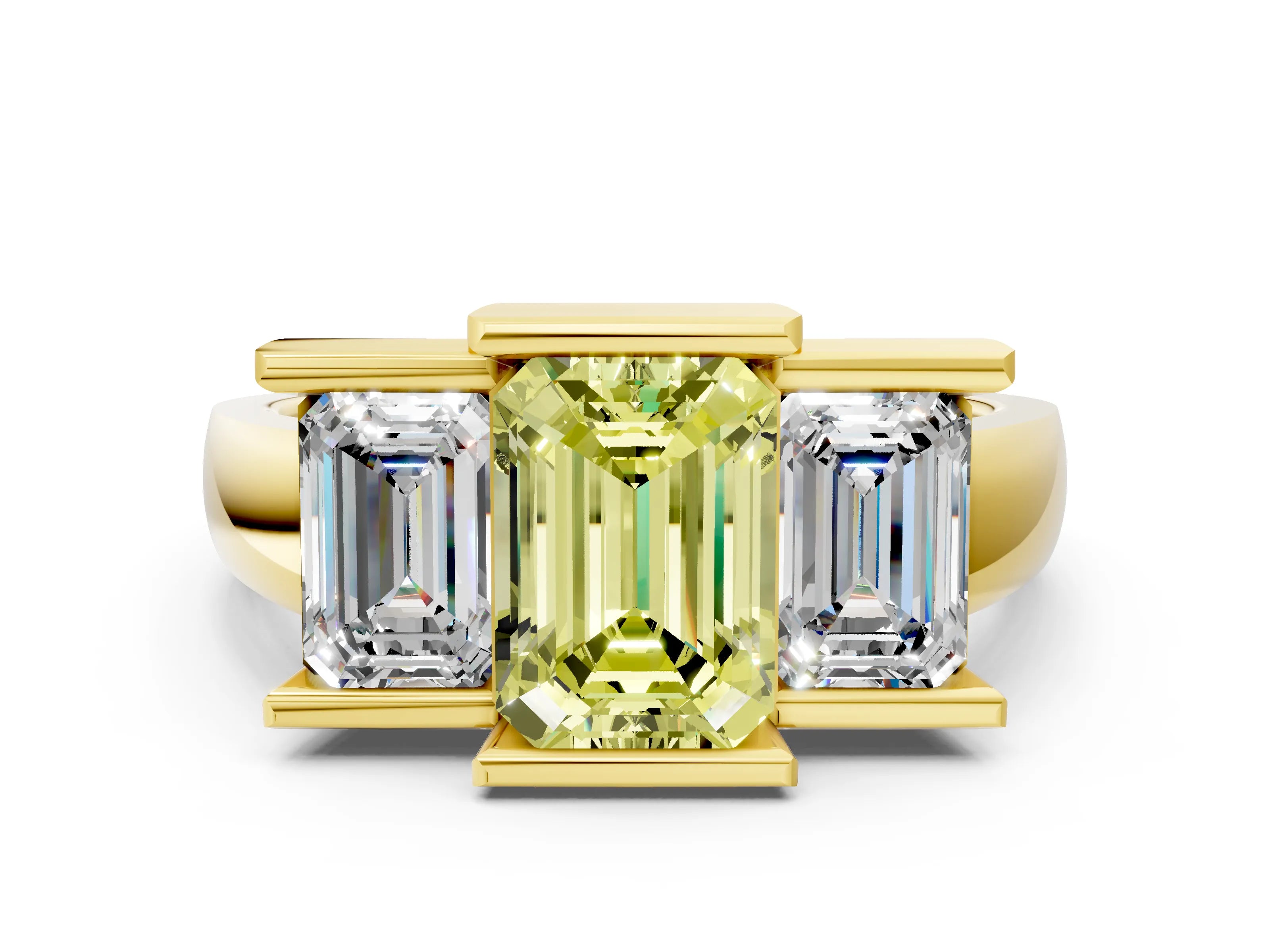 Yellow gold Three Stone Fancy Yellow Emerald Cut Cut Channel Set Diamond Ring