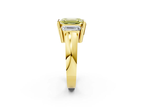 Yellow Gold Emerald Cut Channel Set Three Stone Engagement Ring Setting for Fancy Yellow Center