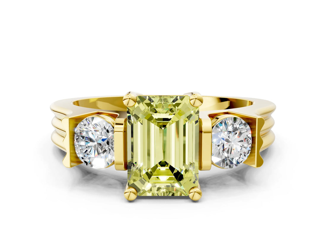 Yellow gold Three-Stone Fancy Yellow Emerald Cut Cut Classic Band Prong Setting Ring