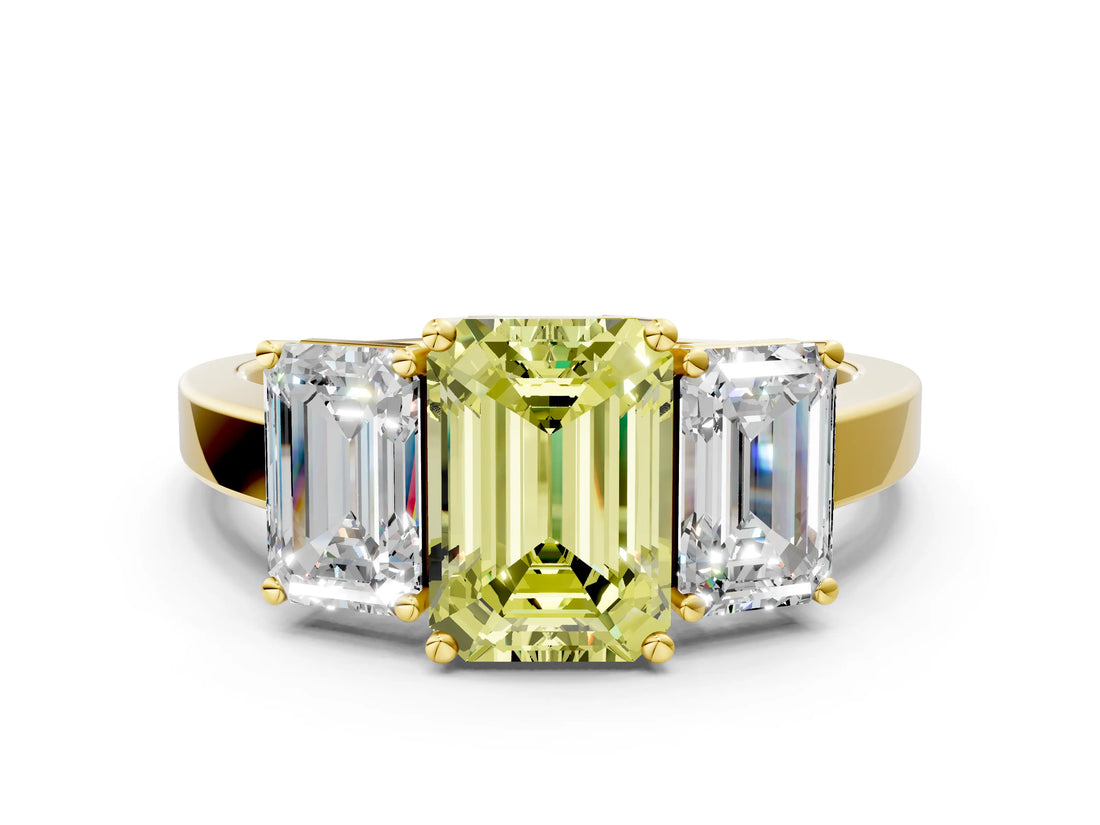 Yellow gold Three-Stone Fancy Yellow Emerald Cut Cut Diamond Engagement Ring with Flat Band and Four-Prong Setting_12