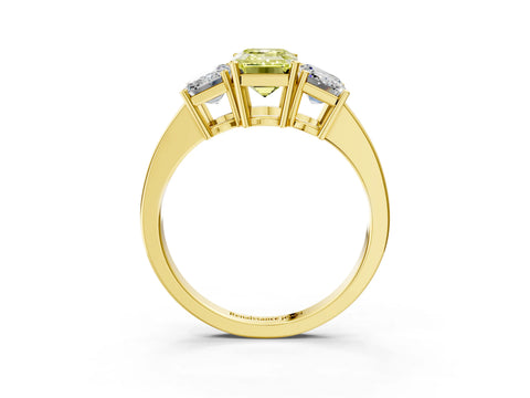 Yellow gold Three-Stone Fancy Yellow Emerald Cut Cut Diamond Engagement Ring with Flat Band and Four-Prong Setting_15