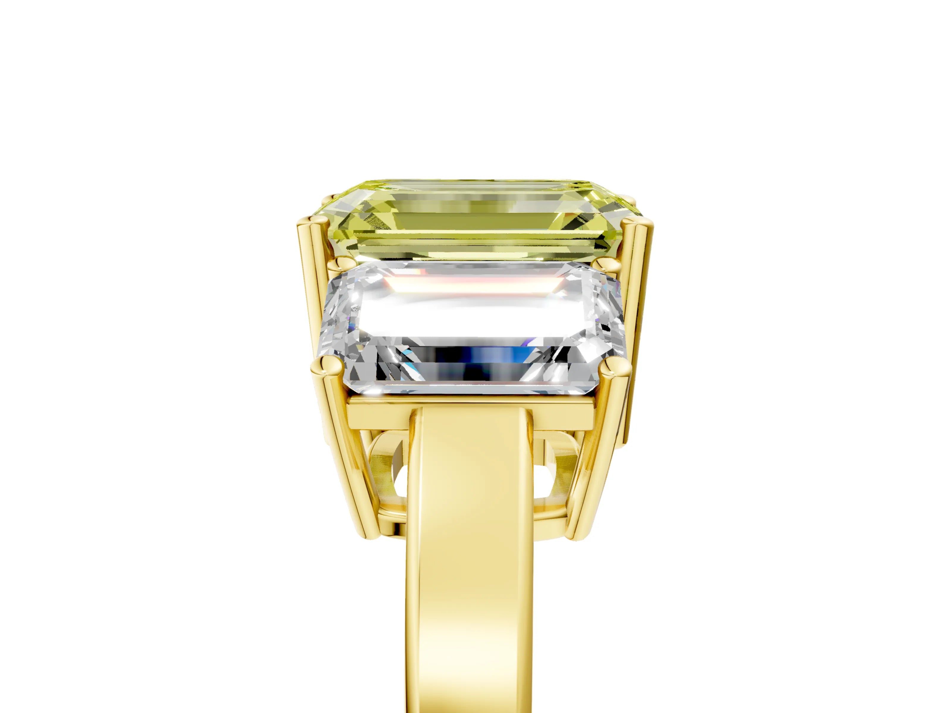 Yellow gold Three-Stone Fancy Yellow Emerald Cut Cut Diamond Engagement Ring with Flat Band and Four-Prong Setting_17