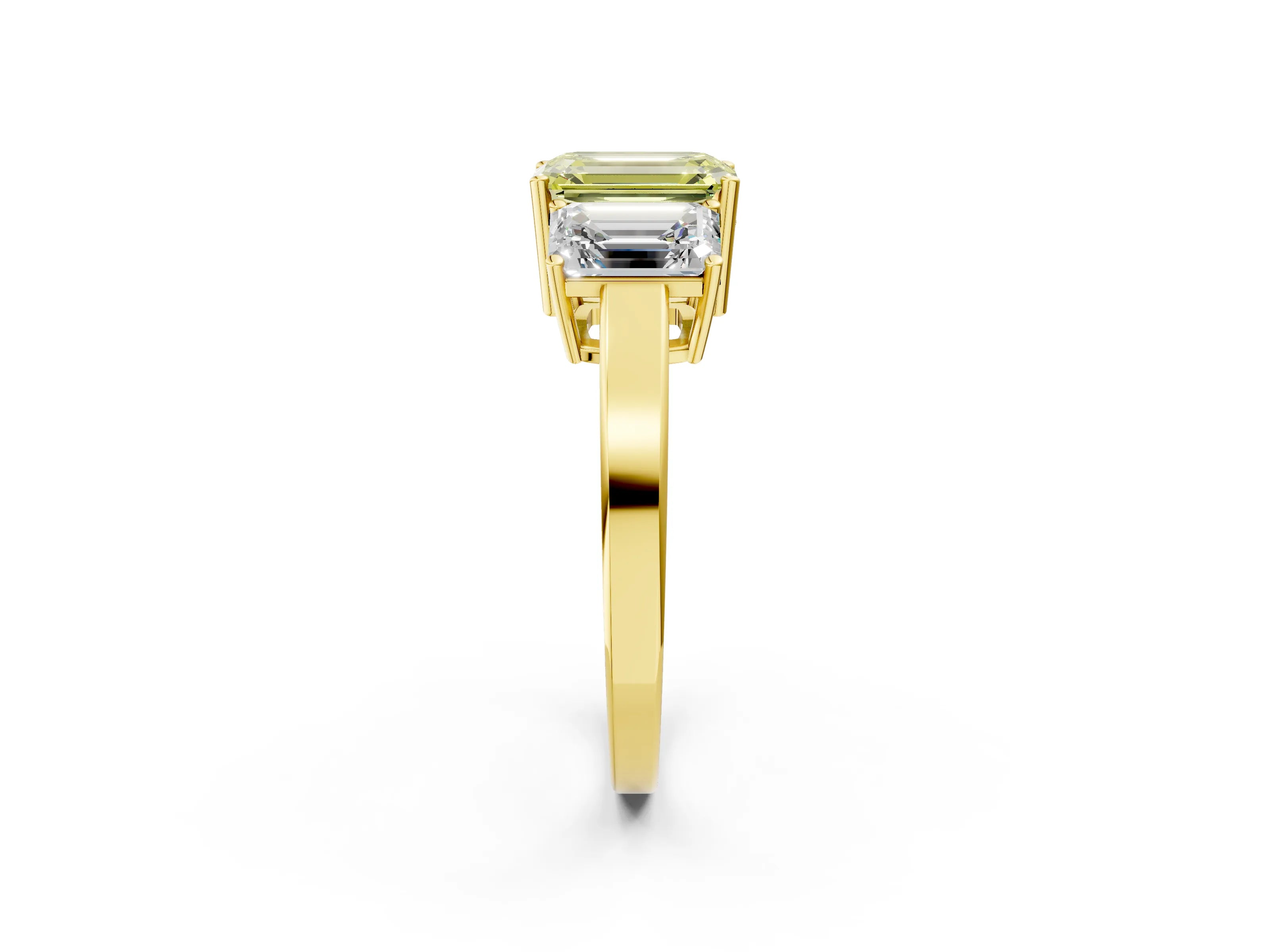 Yellow gold Three-Stone Fancy Yellow Emerald Cut Cut Diamond Engagement Ring with Flat Band and Four-Prong Setting_2