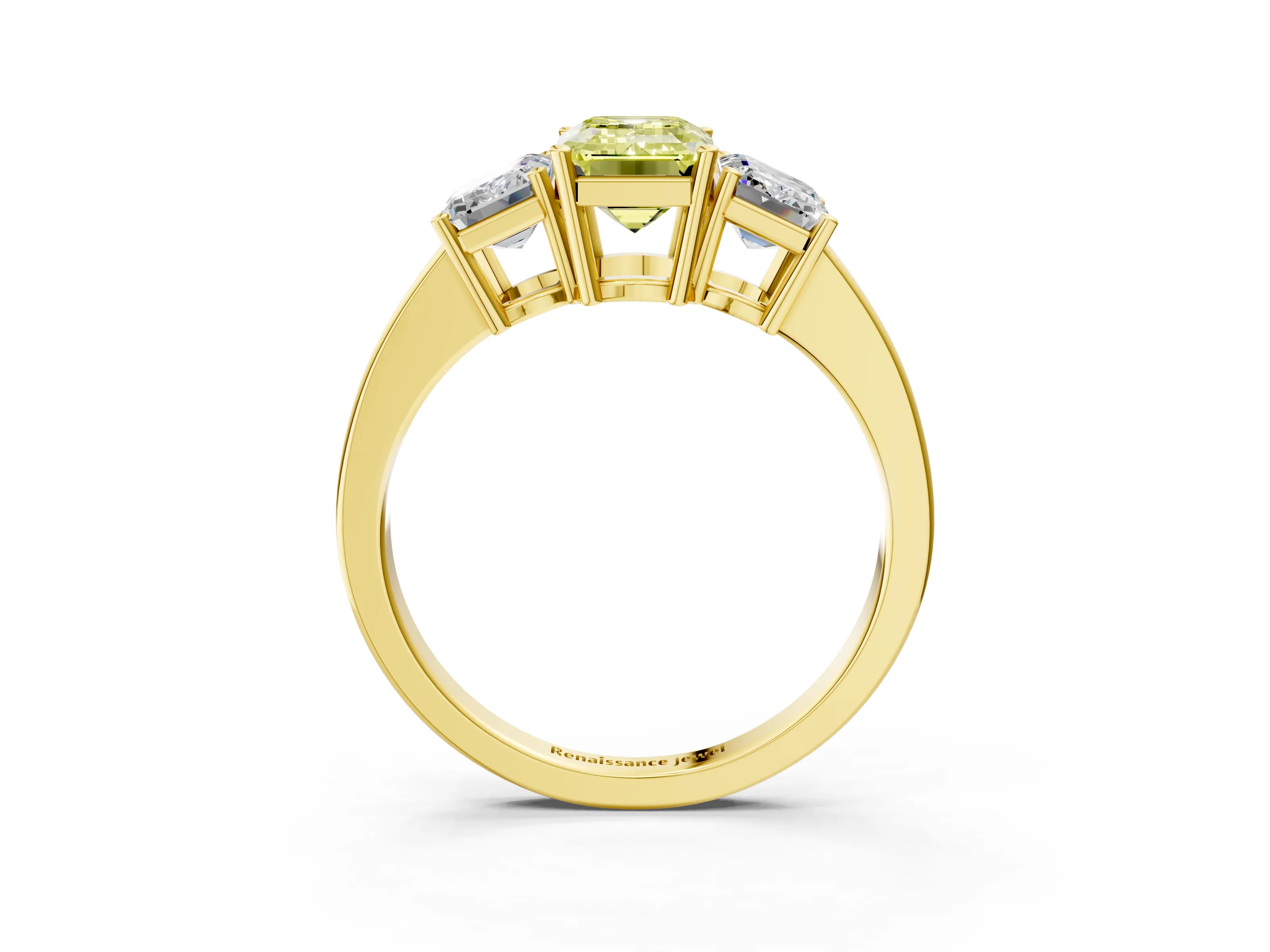 Yellow gold Three-Stone Fancy Yellow Emerald Cut Cut Diamond Engagement Ring with Flat Band and Four-Prong Setting_3