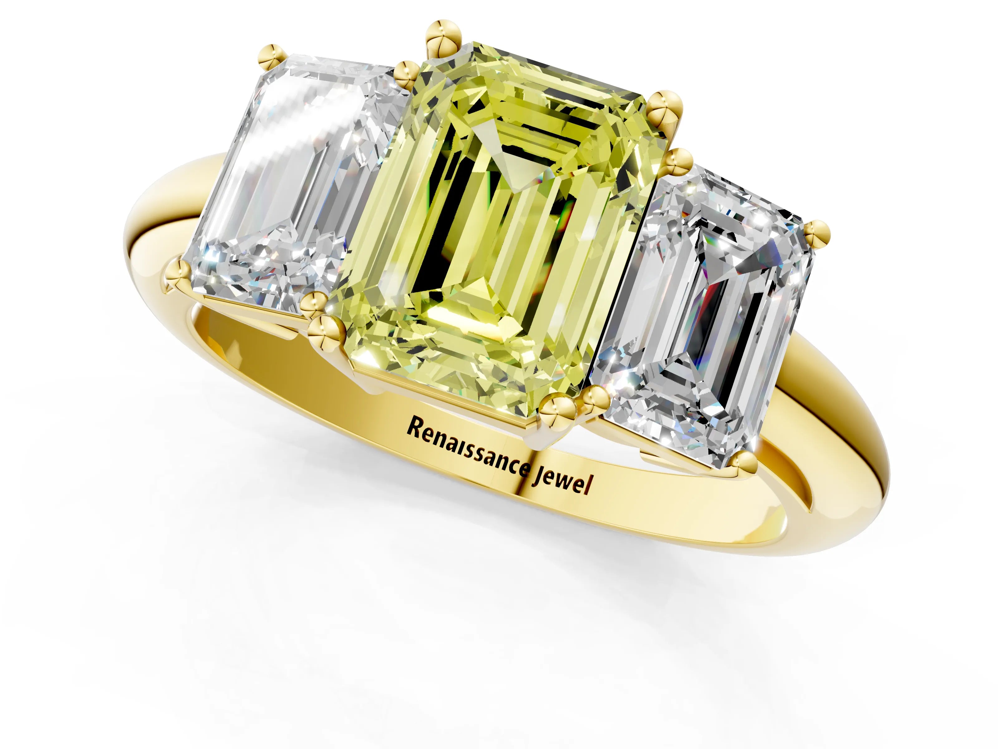 Yellow gold Three-Stone Fancy Yellow Emerald Cut Cut Diamond Engagement Ring with Prong Setting on a White Gold Band_1