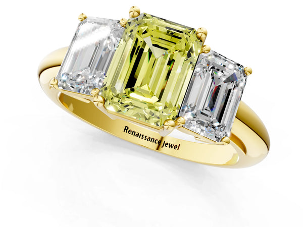 Yellow gold Three-Stone Fancy Yellow Emerald Cut Cut Diamond Engagement Ring with Prong Setting on a White Gold Band