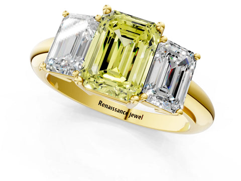 Yellow gold Three-Stone Fancy Yellow Emerald Cut Cut Diamond Engagement Ring with Prong Setting on a White Gold Band_1