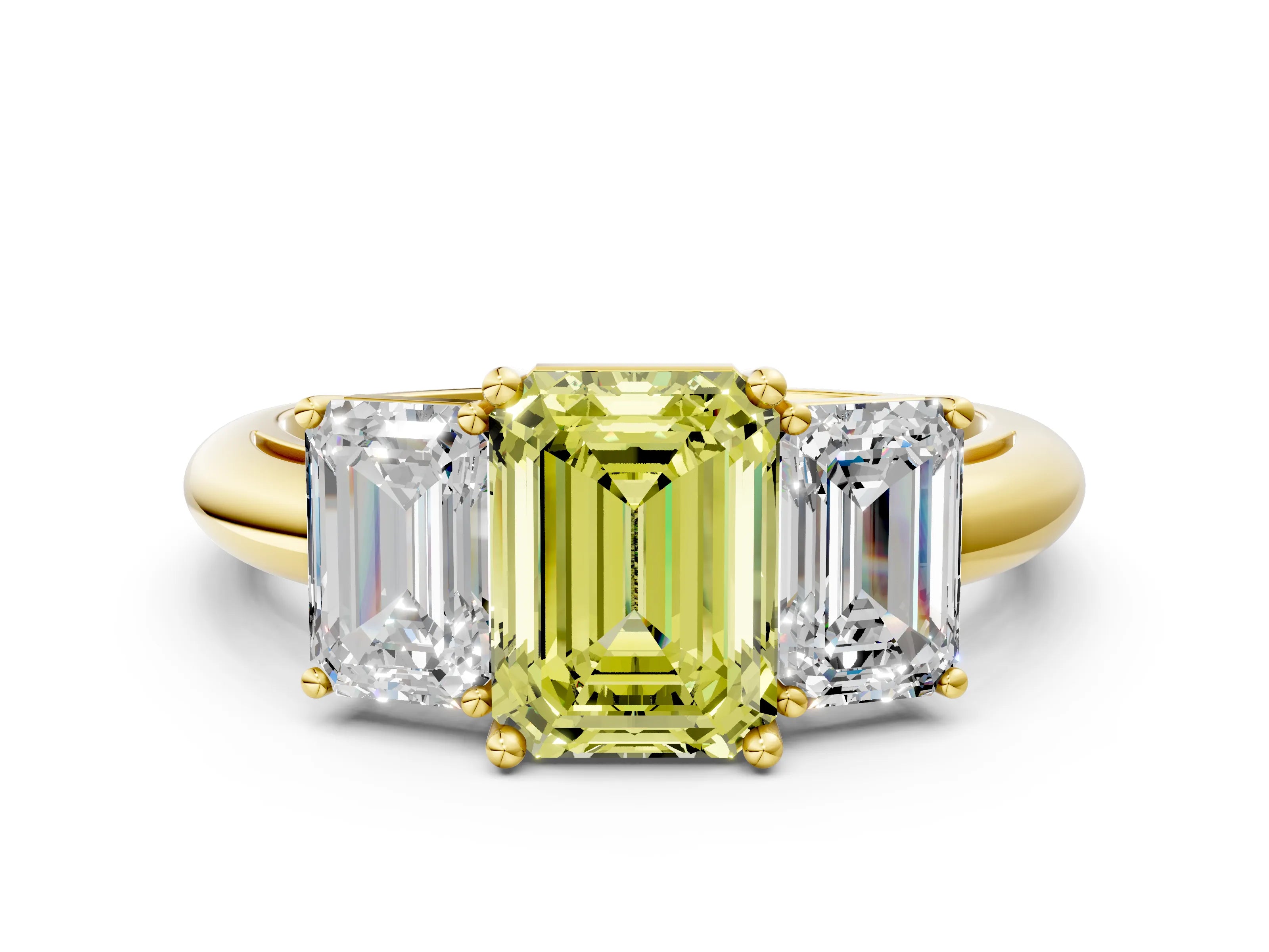 Yellow gold Three-Stone Fancy Yellow Emerald Cut Cut Diamond Engagement Ring with Prong Setting on a White Gold Band_36
