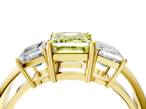 Yellow gold Three-Stone Fancy Yellow Emerald Cut Cut Diamond Engagement Ring with Prong Setting on a White Gold Band_40