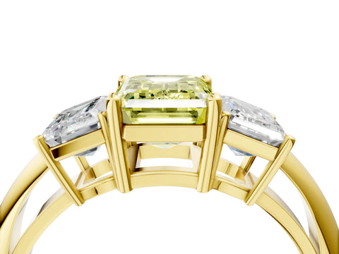 Yellow gold Three-Stone Fancy Yellow Emerald Cut Cut Diamond Engagement Ring with Prong Setting on a White Gold Band_4