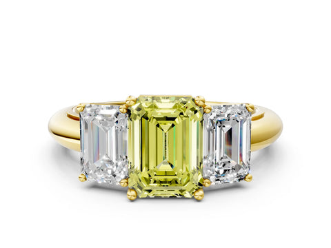 Yellow gold Three-Stone Fancy Yellow Emerald Cut Cut Diamond Engagement Ring with Prong Setting on a White Gold Band