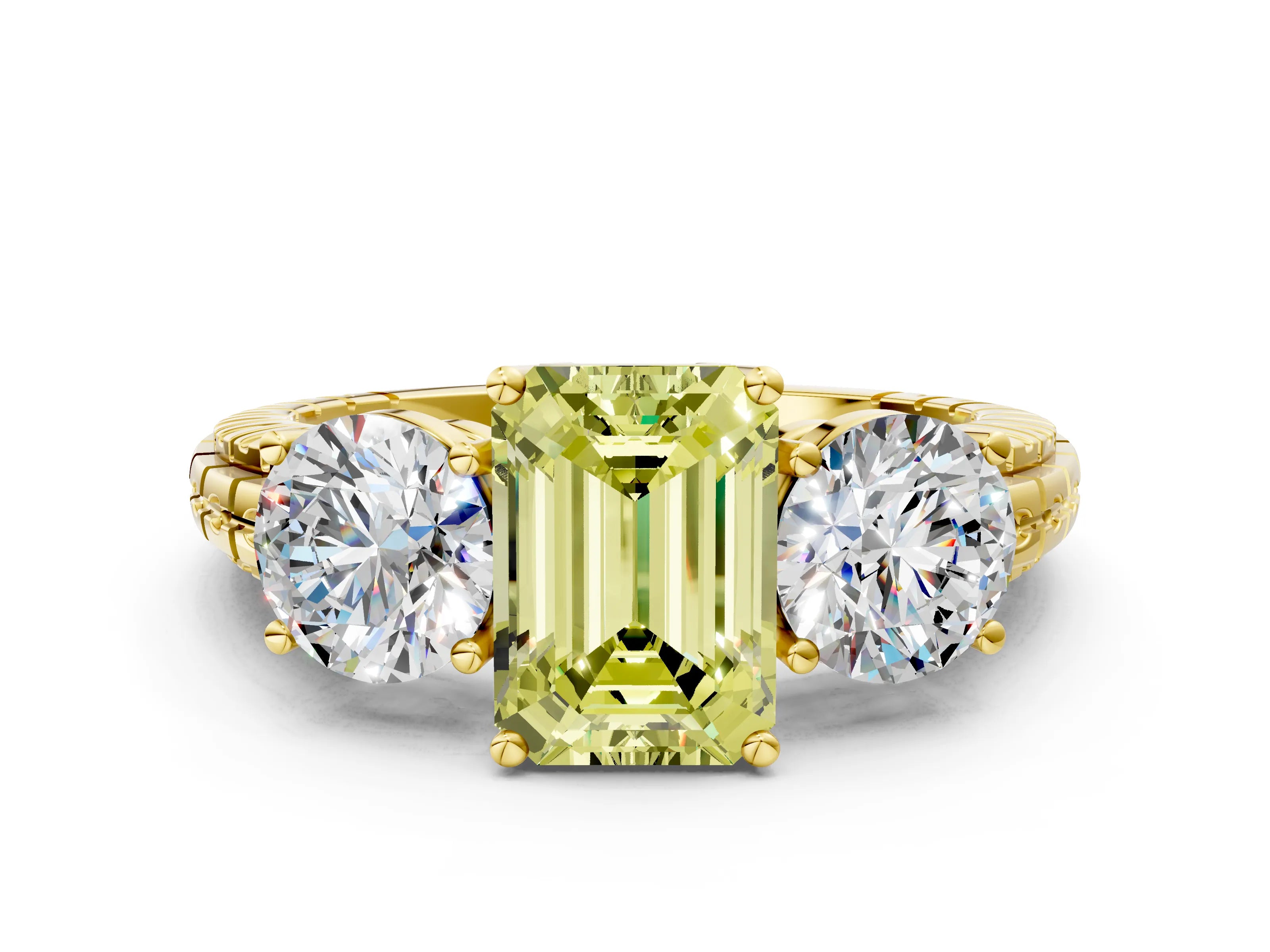 Yellow gold Three-Stone Fancy Yellow Emerald Cut Cut Diamond Ring with Channel-Set Band and Prong Setting
