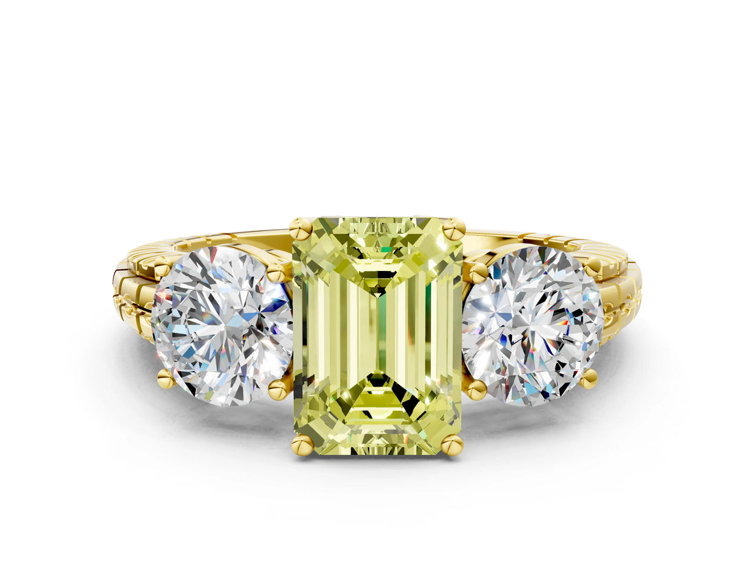 Yellow gold Three-Stone Fancy Yellow Emerald Cut Cut Diamond Ring with Channel-Set Band and Prong Setting