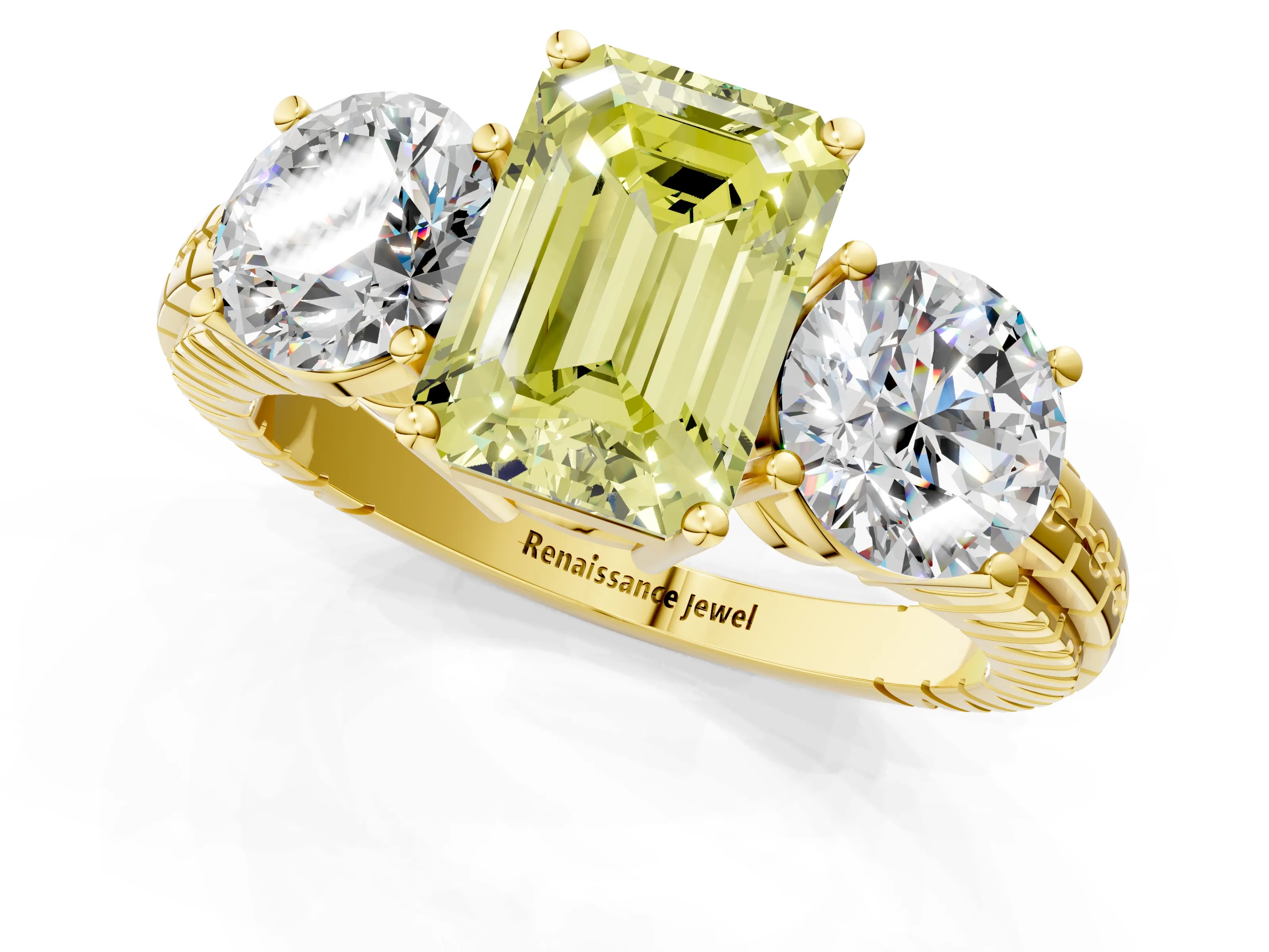 Yellow gold Three-Stone Fancy Yellow Emerald Cut Cut Diamond Ring with Channel-Set Band and Prong Setting_1