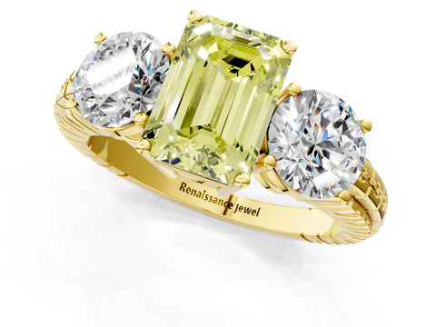 Yellow gold Three-Stone Fancy Yellow Emerald Cut Cut Diamond Ring with Channel-Set Band and Prong Setting_1