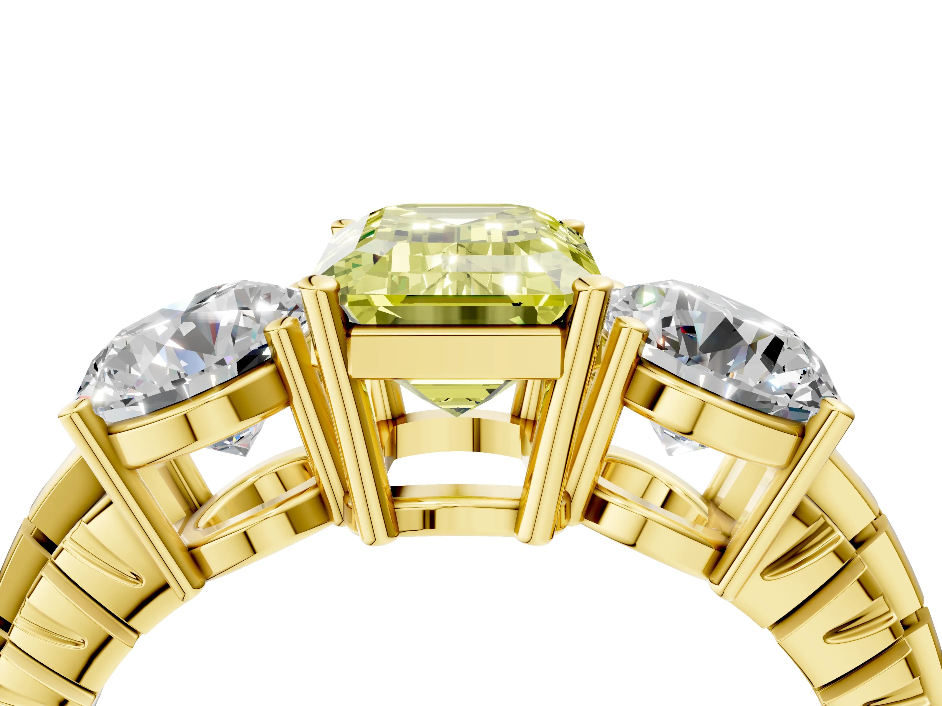Yellow gold Three-Stone Fancy Yellow Emerald Cut Cut Diamond Ring with Channel-Set Band and Prong Setting_4