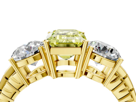 Yellow gold Three-Stone Fancy Yellow Emerald Cut Cut Diamond Ring with Channel-Set Band and Prong Setting_4