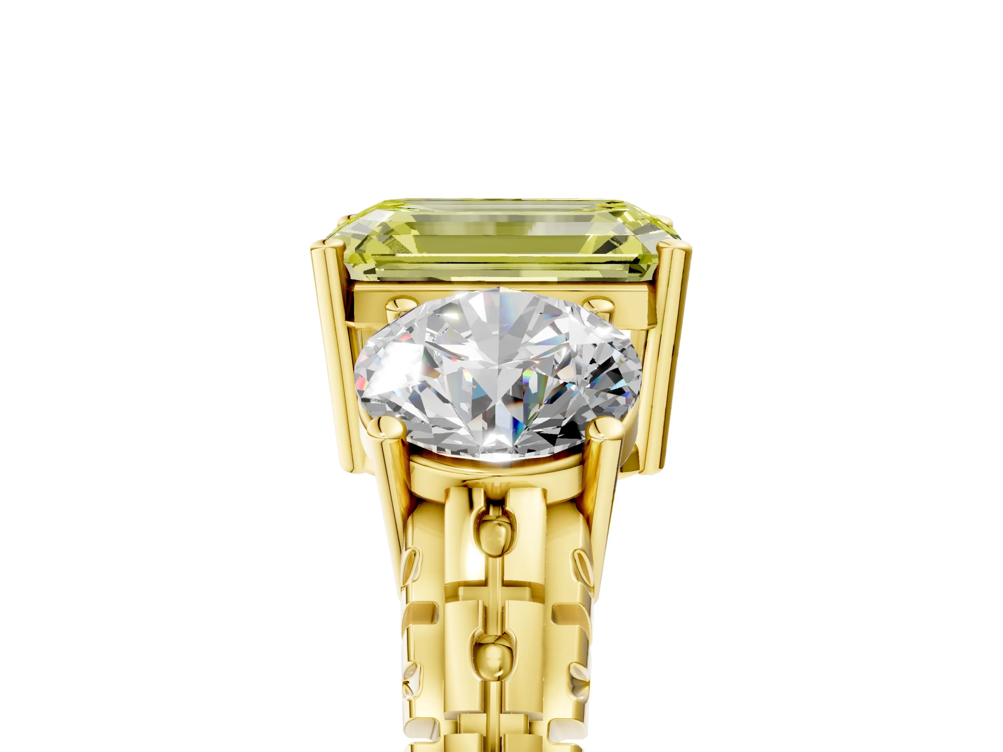 Yellow gold Three-Stone Fancy Yellow Emerald Cut Cut Diamond Ring with Channel-Set Band and Prong Setting_5