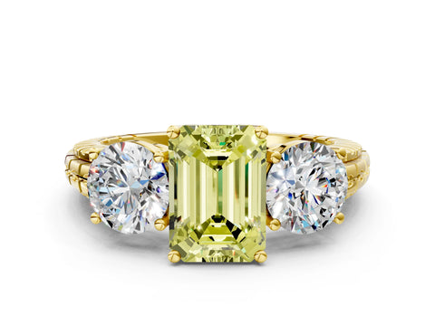 Yellow gold Three-Stone Fancy Yellow Emerald Cut Cut Diamond Ring with Channel-Set Band and Prong Setting