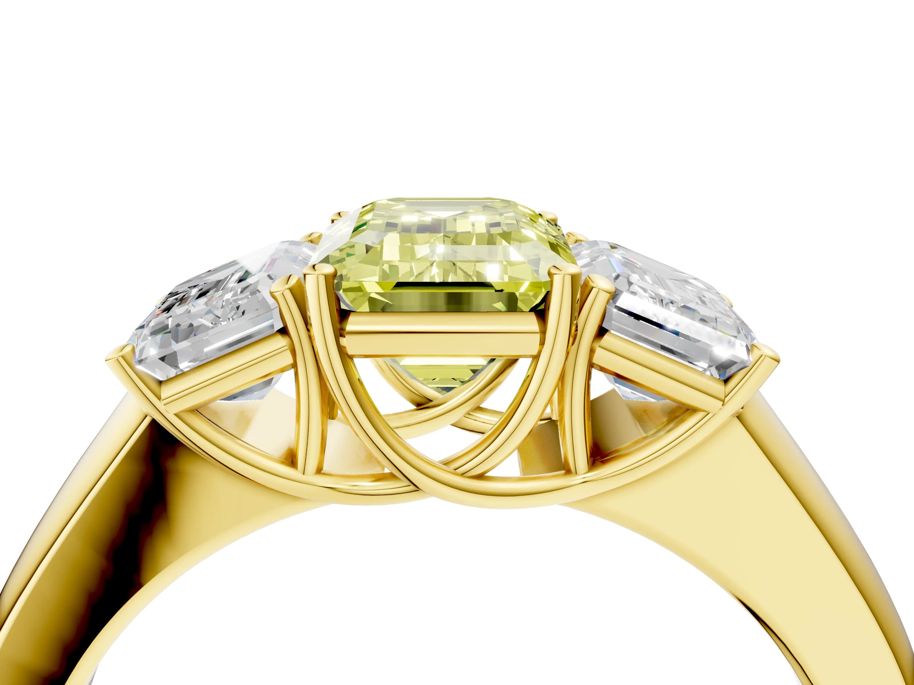 Yellow gold Three-Stone Fancy Yellow Emerald Cut Cut Diamond Ring with Prong Setting and Classic Band_4