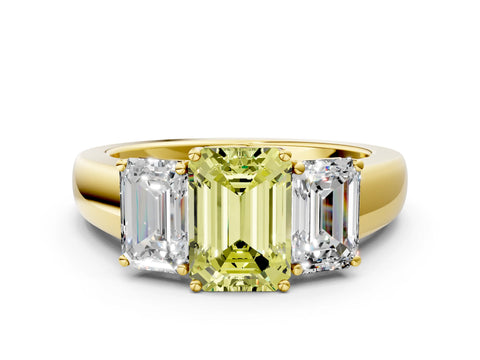 Yellow gold Three-Stone Fancy Yellow Emerald Cut Cut Diamond Ring with Prong Setting and Classic Band