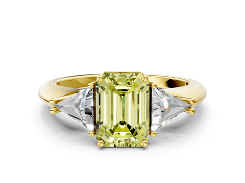 Yellow gold Three-Stone Fancy Yellow Emerald Cut Cut Diamond Ring with Trillion Side Stones and Four-Prong Setting_3