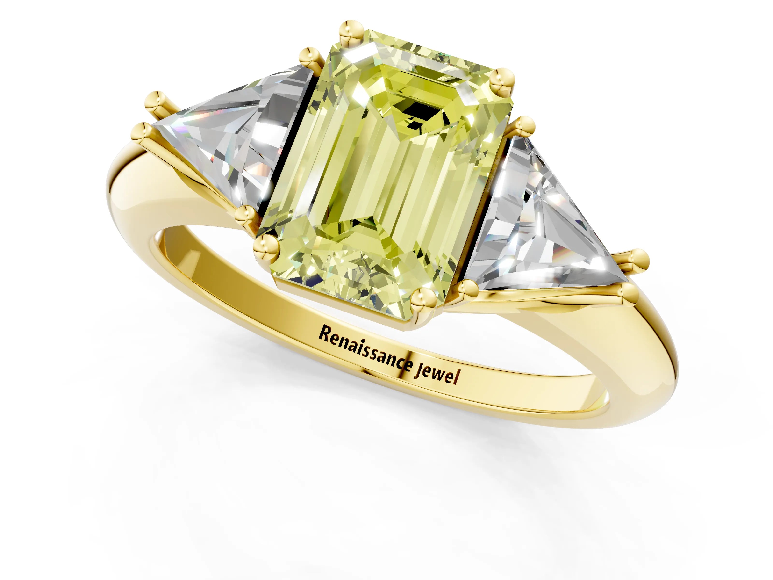Yellow gold Three-Stone Fancy Yellow Emerald Cut Cut Diamond Ring with Trillion Side Stones and Four-Prong Setting_4