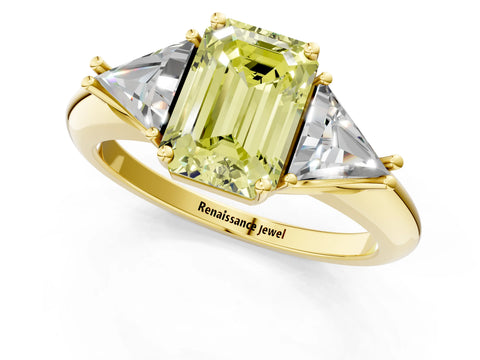 Yellow gold Three-Stone Fancy Yellow Emerald Cut Cut Diamond Ring with Trillion Side Stones and Four-Prong Setting_4