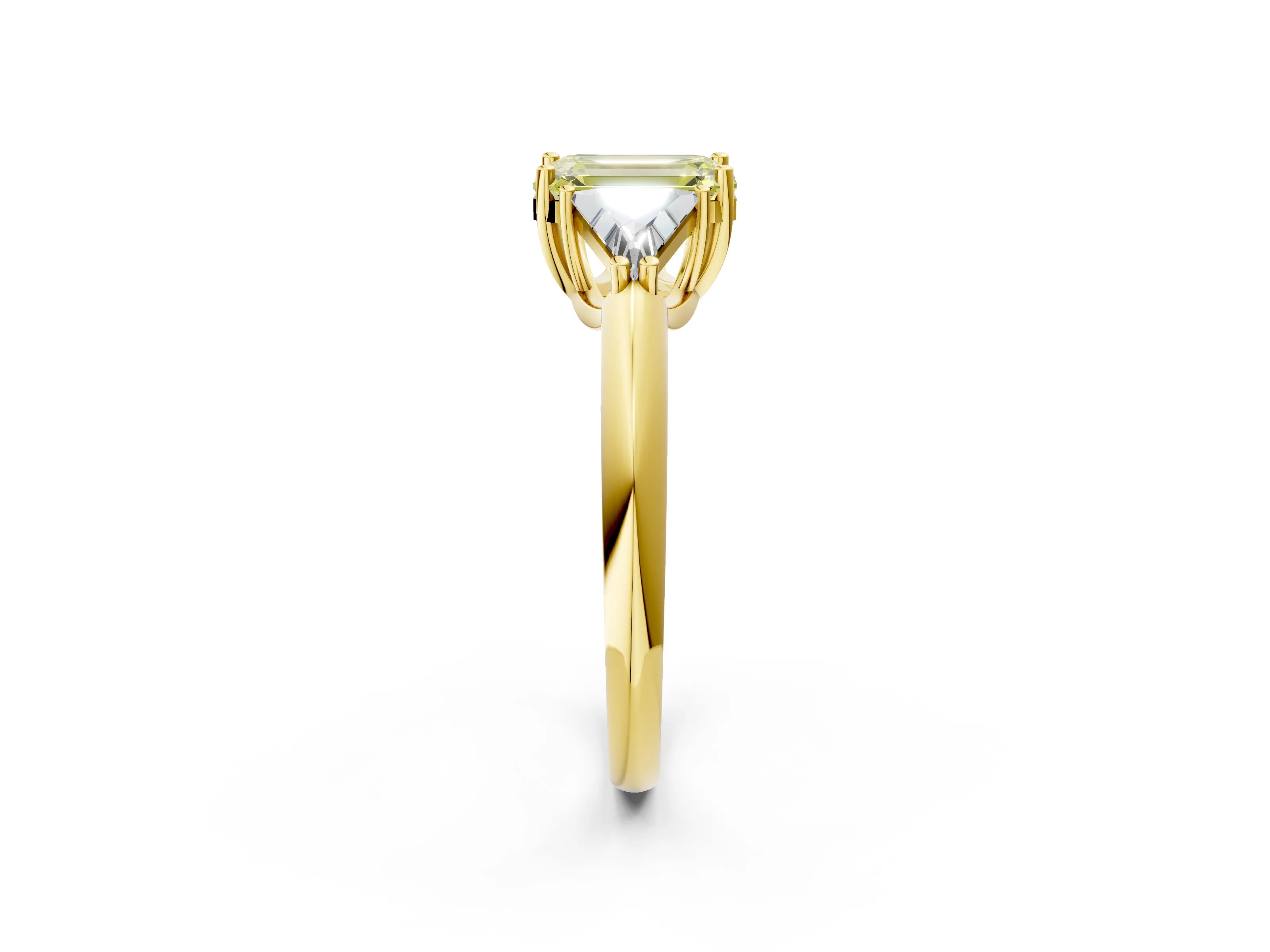 Yellow gold Three-Stone Fancy Yellow Emerald Cut Cut Diamond Ring with Trillion Side Stones and Four-Prong Setting_5