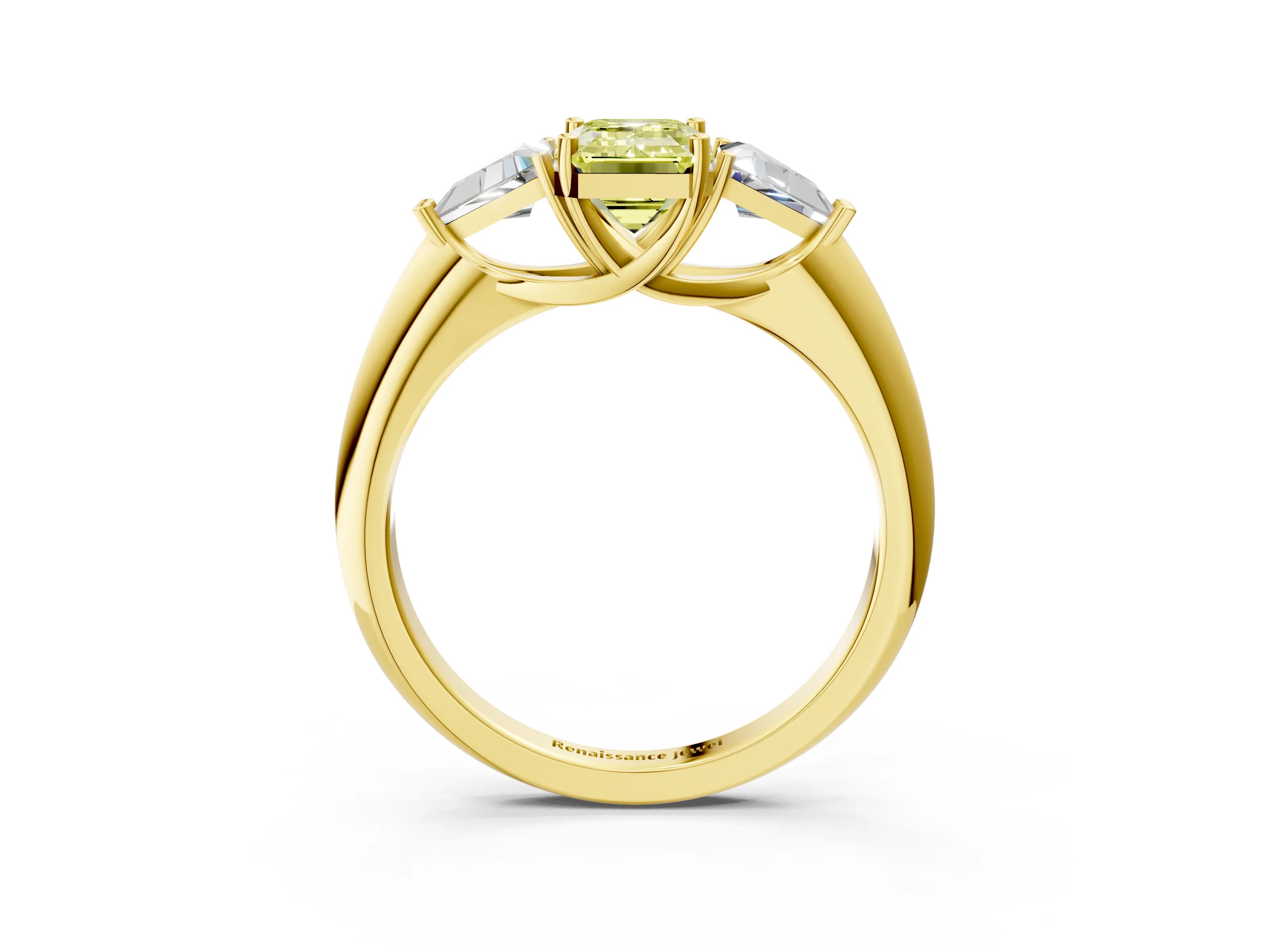 Yellow gold Three-Stone Fancy Yellow Emerald Cut Cut Diamond Ring with Trillion Side Stones and Four-Prong Setting_6