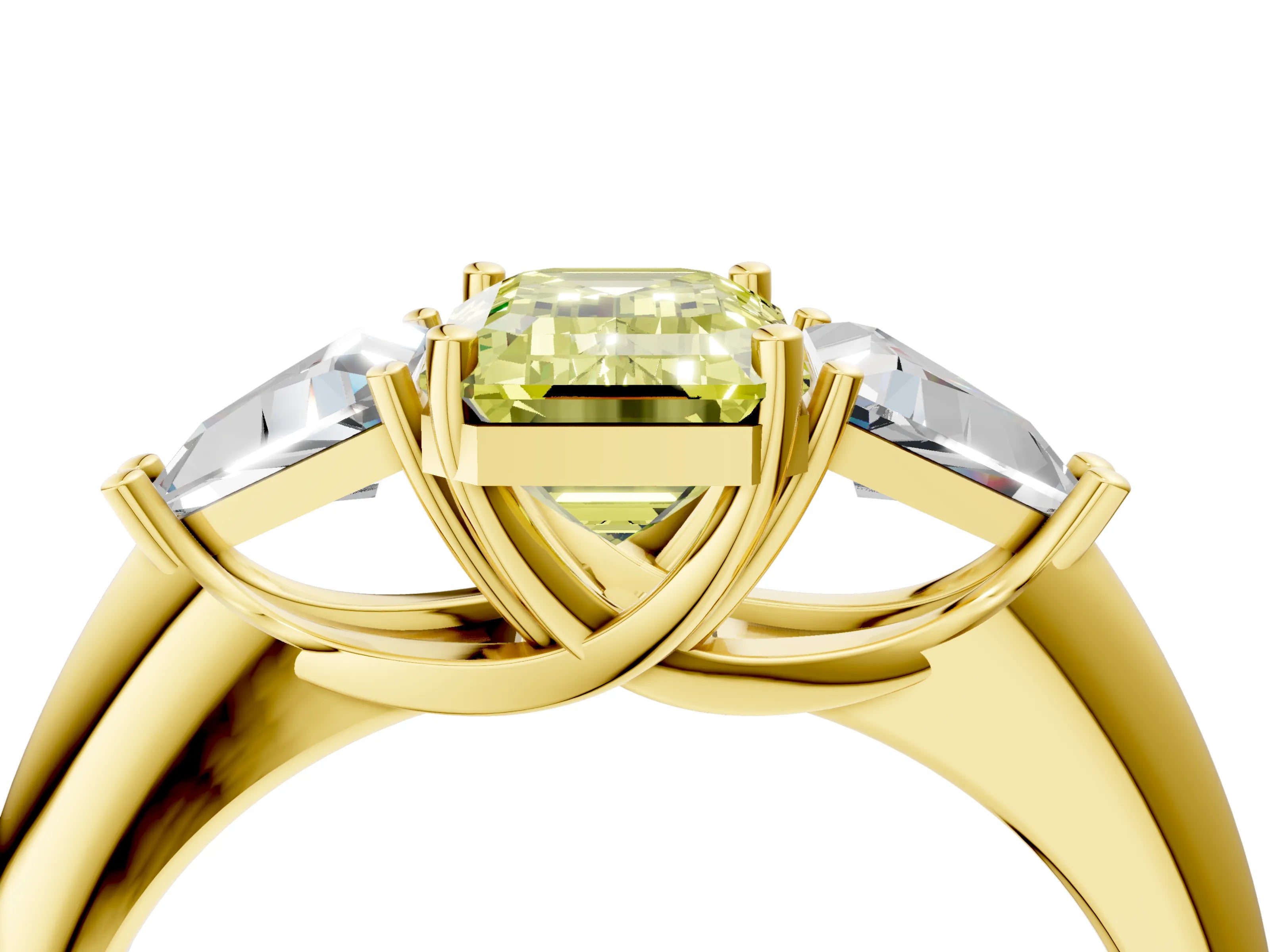 Yellow gold Three-Stone Fancy Yellow Emerald Cut Cut Diamond Ring with Trillion Side Stones and Four-Prong Setting_7