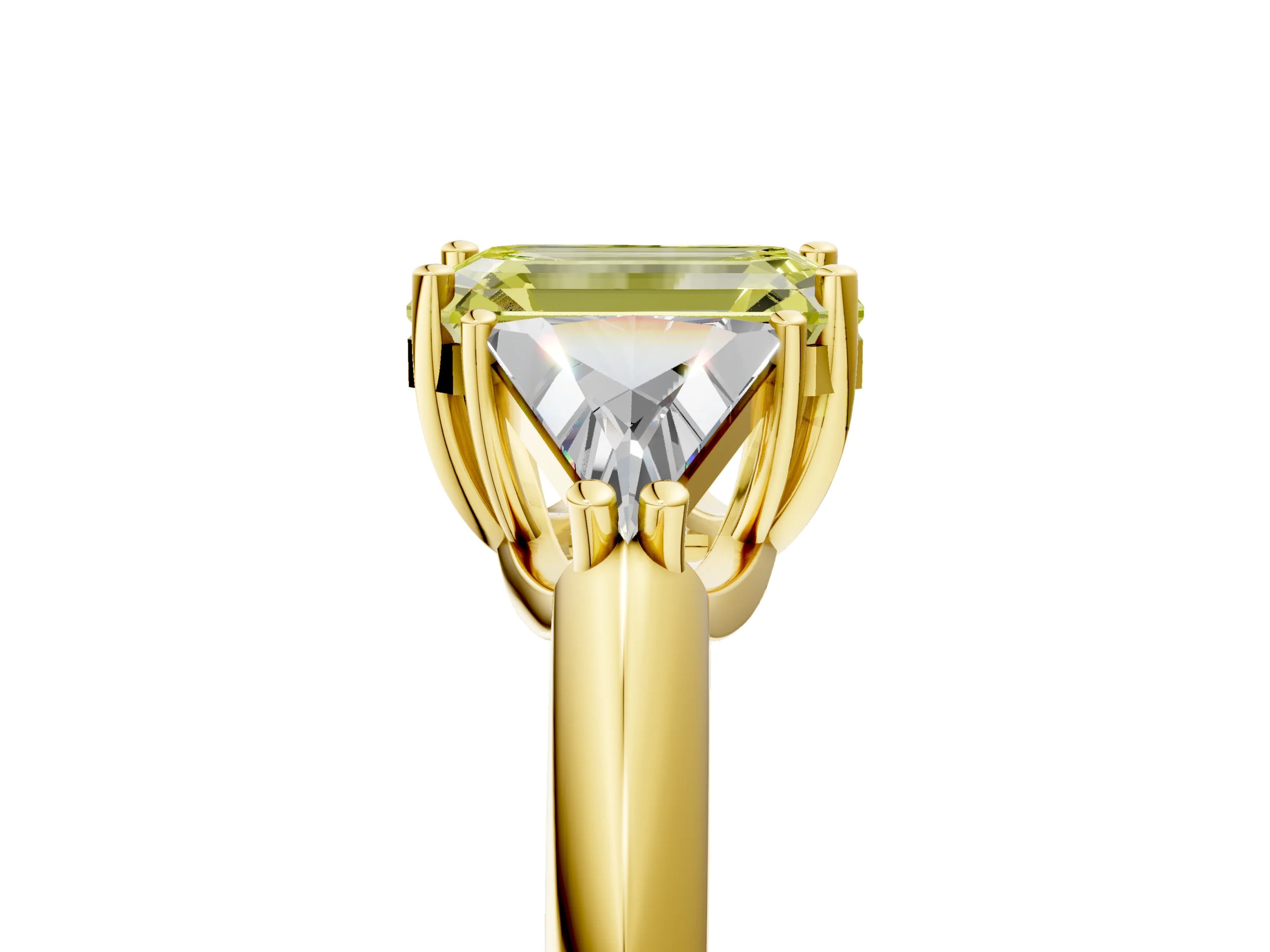 Yellow gold Three-Stone Fancy Yellow Emerald Cut Cut Diamond Ring with Trillion Side Stones and Four-Prong Setting_8