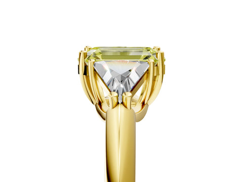 Yellow gold Three-Stone Fancy Yellow Emerald Cut Cut Diamond Ring with Trillion Side Stones and Four-Prong Setting_8