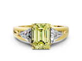 Yellow gold Three-Stone Fancy Yellow Emerald Cut Cut Diamond Ring with Trillion Side Stones on a Split Shank Band
