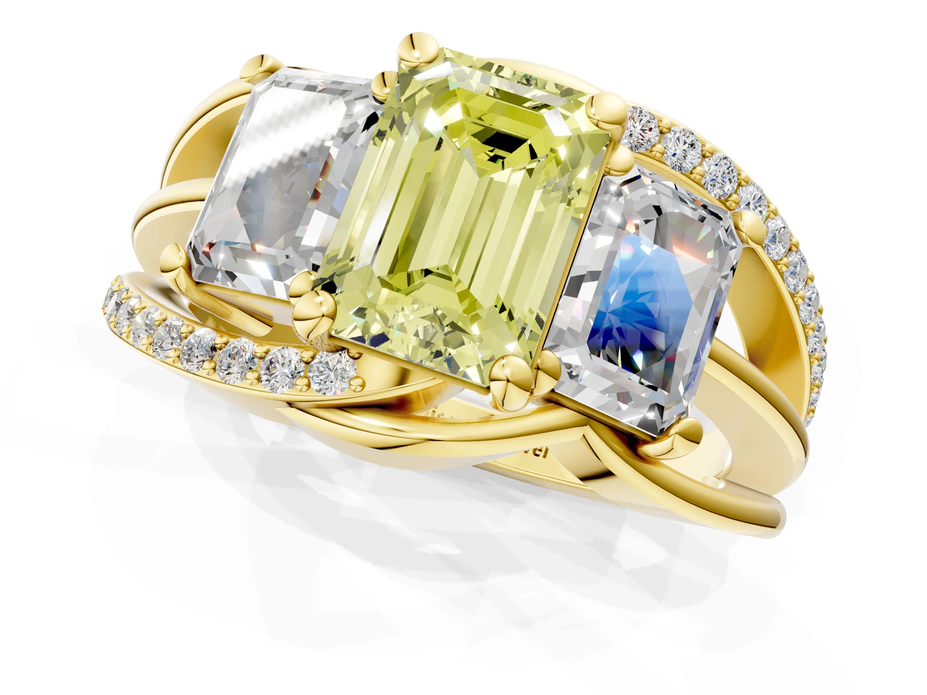 Yellow gold Three-Stone Fancy Yellow Emerald Cut Cut Diamond Split Shank Prong Set Ring_1