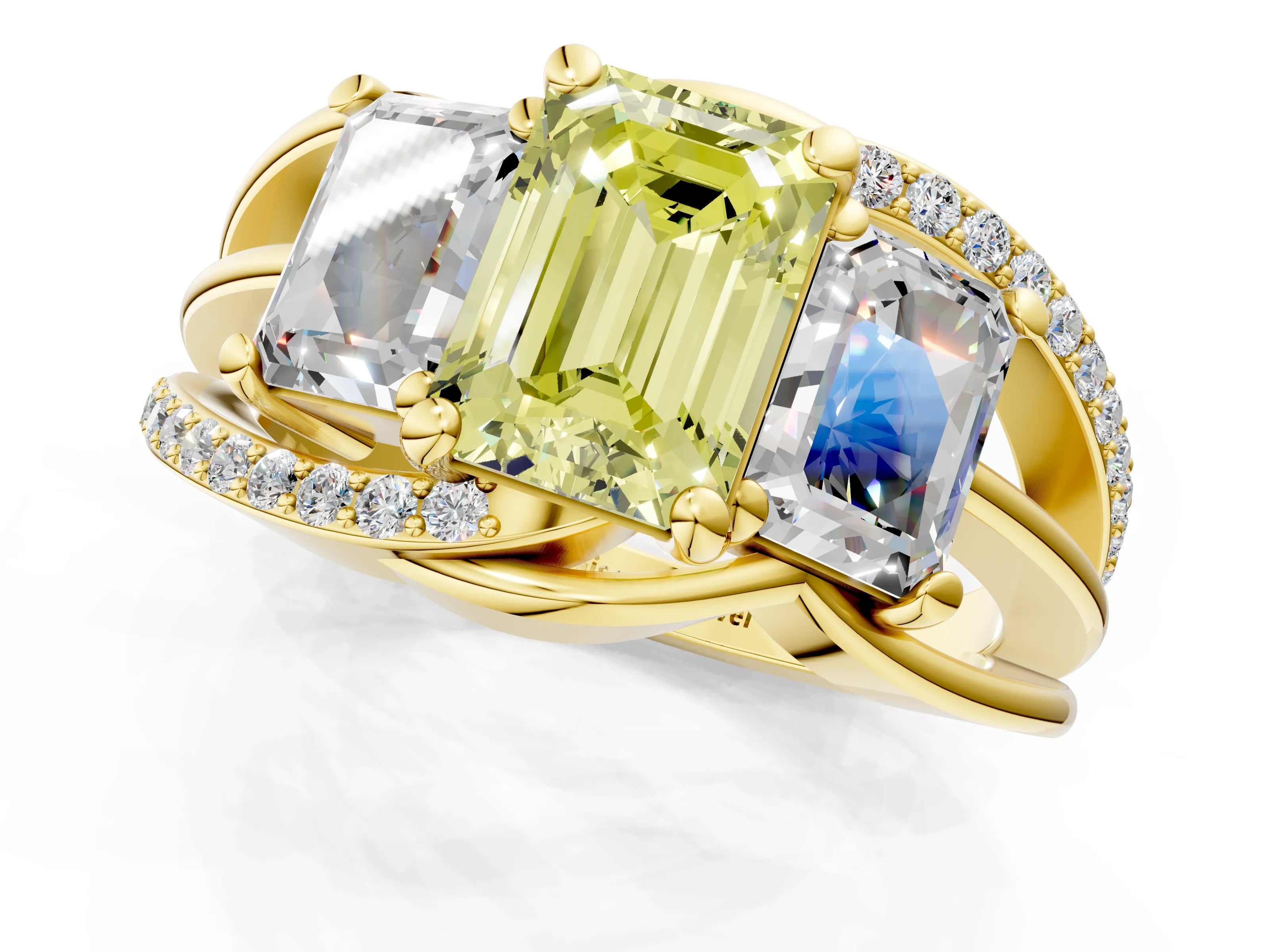 Yellow gold Three-Stone Fancy Yellow Emerald Cut Cut Diamond Split Shank Prong Set Ring_13