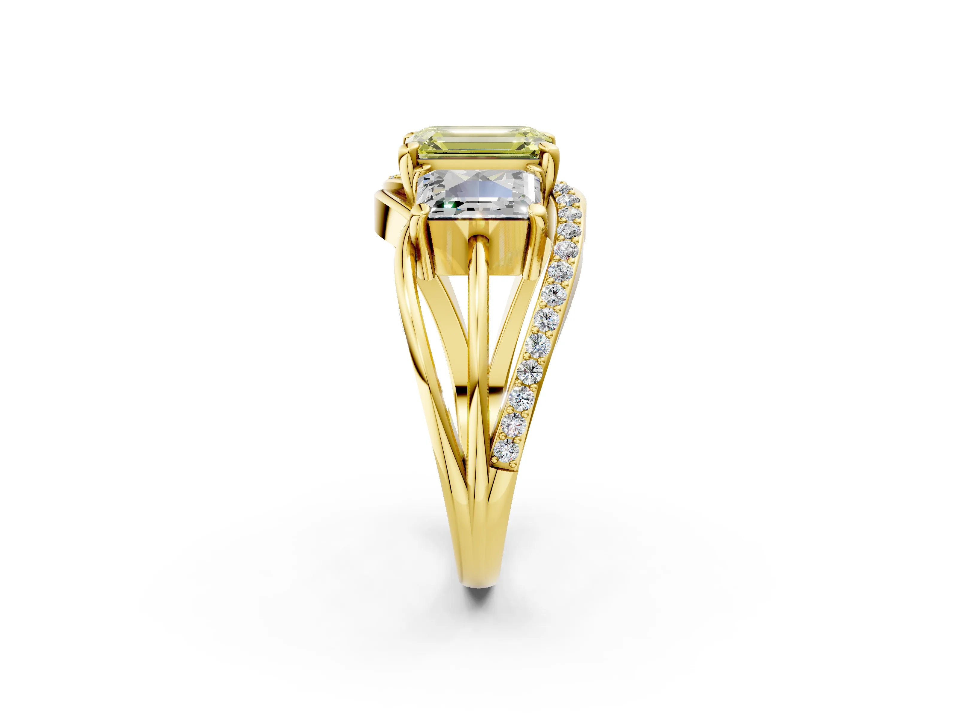 Yellow gold Three-Stone Fancy Yellow Emerald Cut Cut Diamond Split Shank Prong Set Ring_14