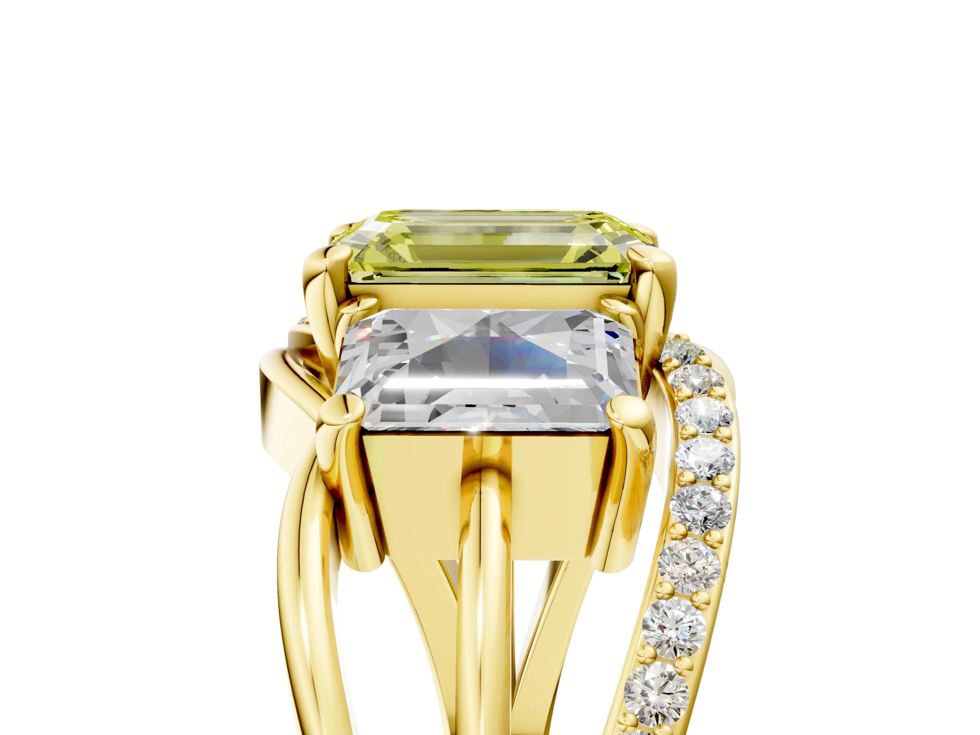 Yellow gold Three-Stone Fancy Yellow Emerald Cut Cut Diamond Split Shank Prong Set Ring_17